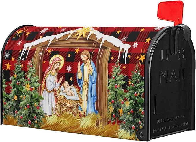Christma Jesus Nativity Mailbox Cover Magnetic Large Size 25.5" X 21" Xmas Holly Night Letter Post Wraps Religious Christian Jesus Red Buffalo Plaid Decorative Postbox Covers for Home Garden Yard