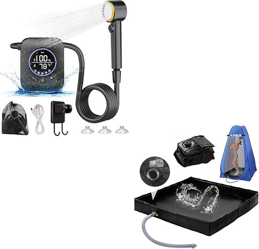 Upgraded 8000mAh & 5 Speed Portable Shower for Camping with Portable Shower Pan 41" x 41" x 5" with Mesh Storage Bag