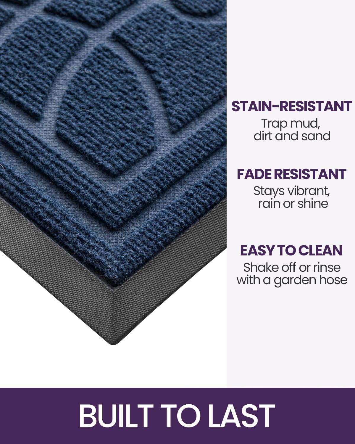 DEXI Front Door Mat Outside Entrance, Heavy Duty Non Slip Low Profile Doormat for Entryway, Trap Dirt and Moisture Welcome Mats, Easy Clean, Patio, Garage, 5x3, Blue
