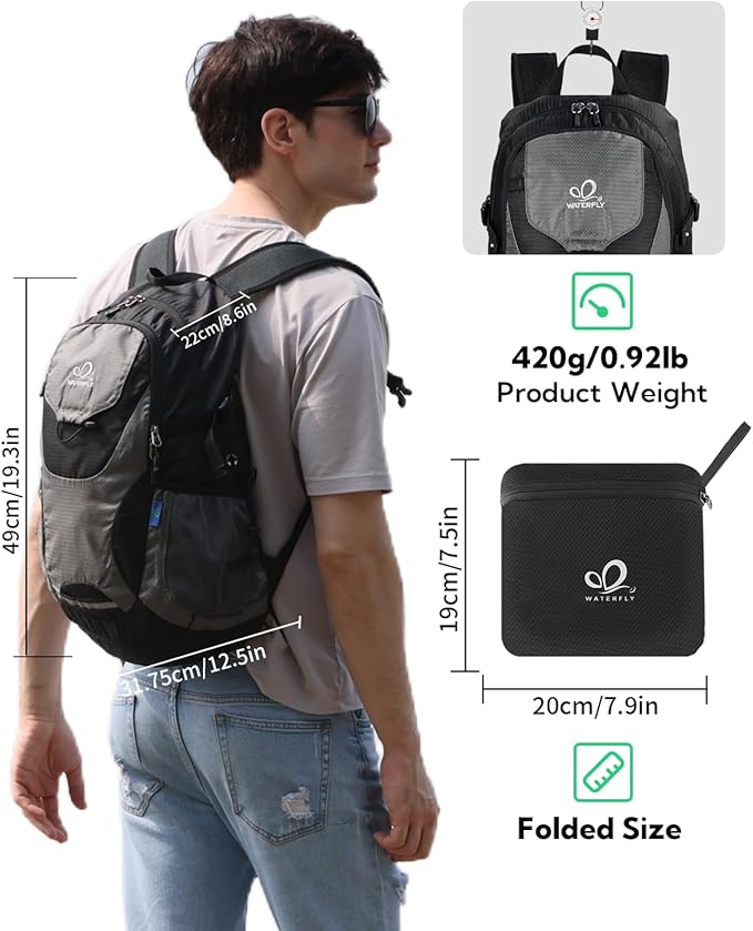 WATERFLY Lightweight Packable Hiking Backpack: 30L Foldable Travel Daypack Ultralight Camping Day Pack for Woman Man