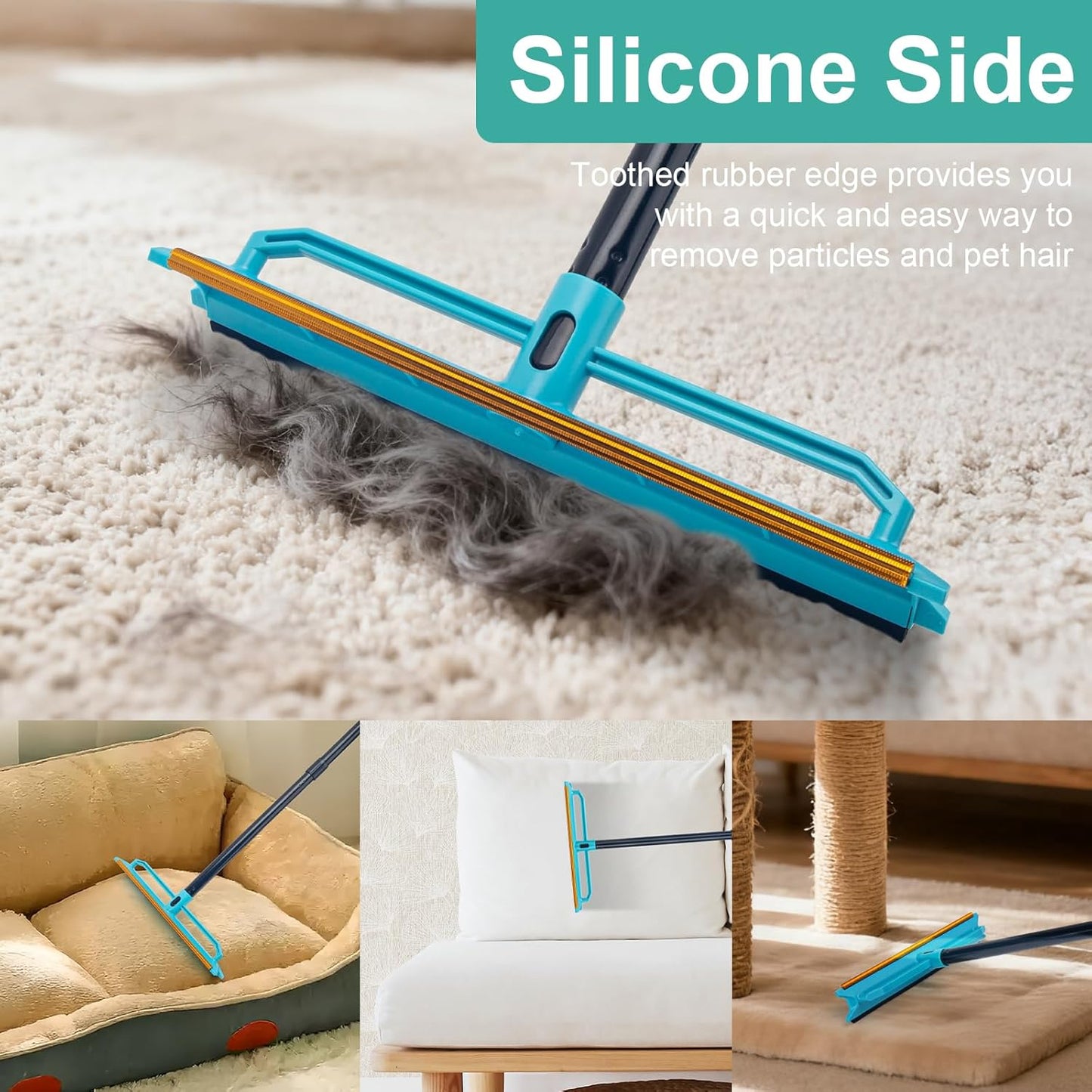 Carpet Rake for Pet Hair Removal Tool, Reusable Pet Hair Remover Broom with 56” Long Handle, Cat & Dog Hair Carpet Scraper for Rugs Mats Couch