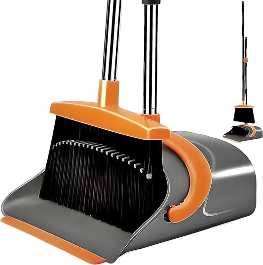 Broom and Dustpan Set – Upright Standing Broom with Long Handle and Clip-On Dustpan – Indoor Sweeping Set for Home, Office, or Kitchen – Space-Saving & Easy to Store (Orange & Black)