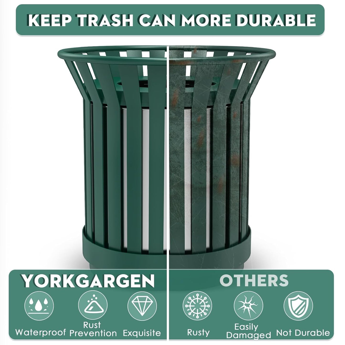 8Gallon/30L Commercial Outdoor & Indoor Metal Trash Can, Outdoor Slatted Trash Receptacle with Metal Linner, All Weather Resistant Large Outside Zone Round Garbage Bin for Street, Park, School - Green