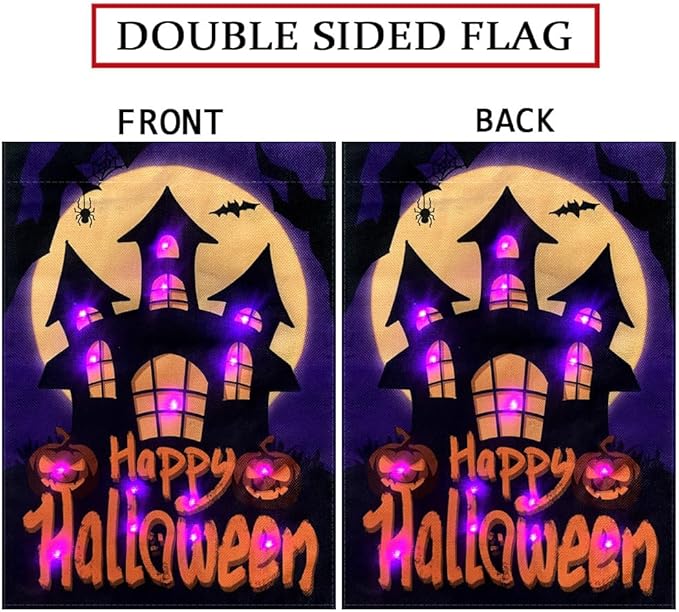 Happy Halloween Garden Flag LED Lighted Vertical Double Sided Garden Flag Halloween Castle Holiday Farmhouse Outdoor Yard Lawn Decoration 12.5 x 18 Inch