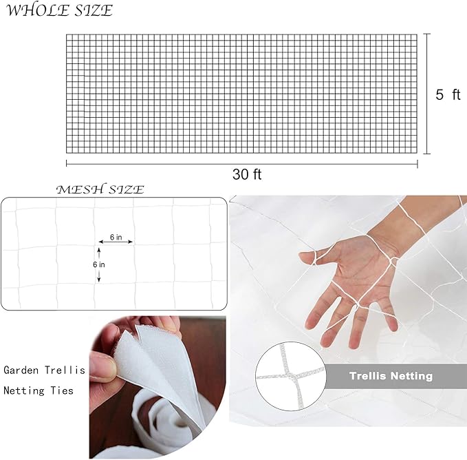 All-Weather Trellis Netting Mesh Plant Garden Vine Growing Flexible String Net (6" Mesh ployester, 5' Wx 30'L)