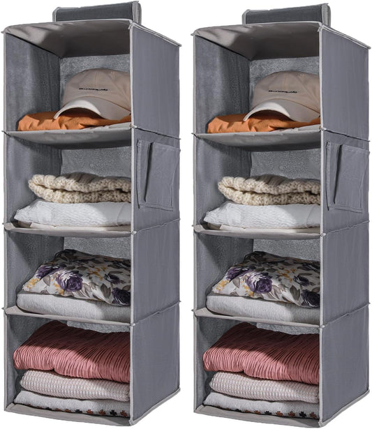 2-Pack Hanging Organizer, 4-Shelf Closet Shelves With Side Pockets, Grey