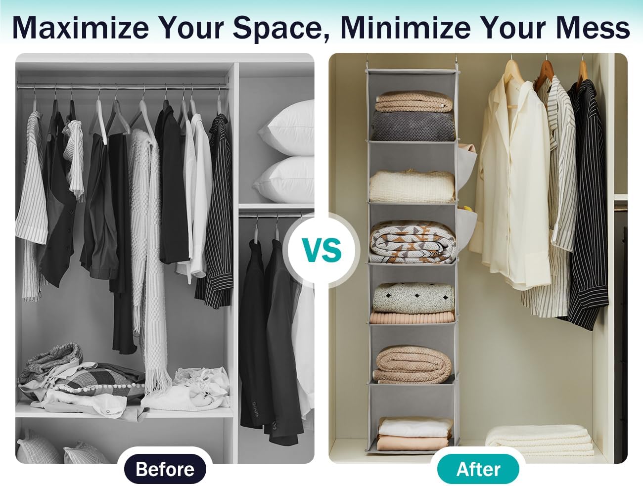 YOUDENOVA Hanging Closet Organizer and Storage, 6-Shelf Closet Hanging Shelves | Sturdy Bamboo Structure Cloth Hanging Storage, Sweater Organizer, 11.8” x 11.8” x 47.2”, Light Grey