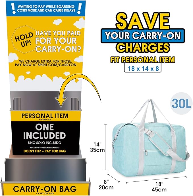 For Spirit Airlines Personal Item Bag 18x14x8 Foldable Travel Duffel Bag Underseat Carry on Luggage for Women (Mint Green)