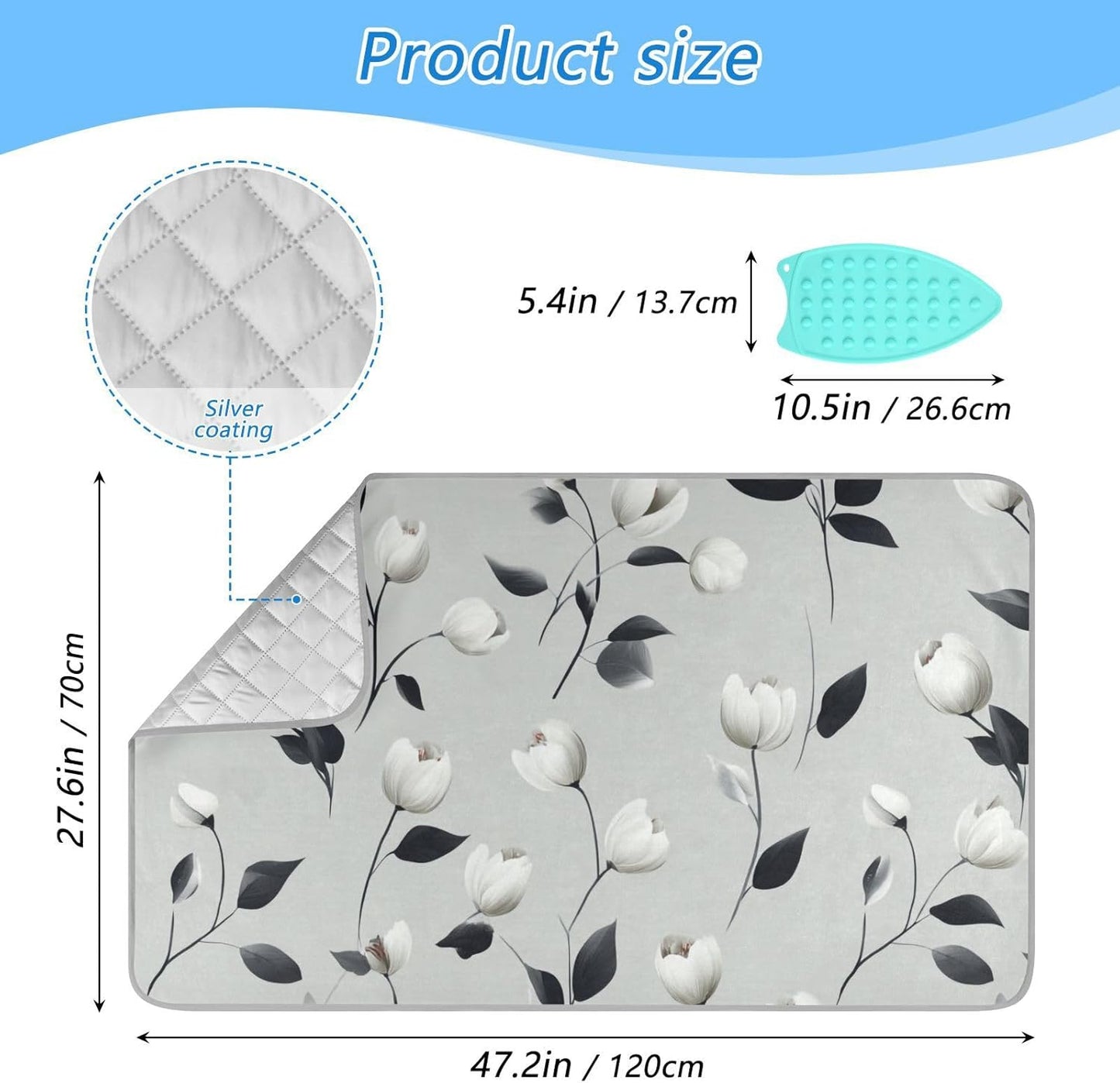 Ironing Mat Portable Ironing Pad Ironing Blanket for Table Top Heat Resistance Double-Side Using Travel Large 47.2 x 27.6 Inch Foldable Lightweight Light Grey Tulips