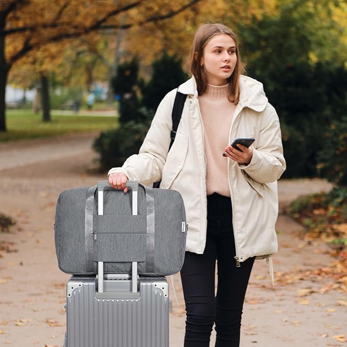 Carry on luaggage 22x14x9 Airlines Approved Foldable Carry on Bag Travel Duffel Packable Duffle Overnight for Women and Men 40L (Grey)