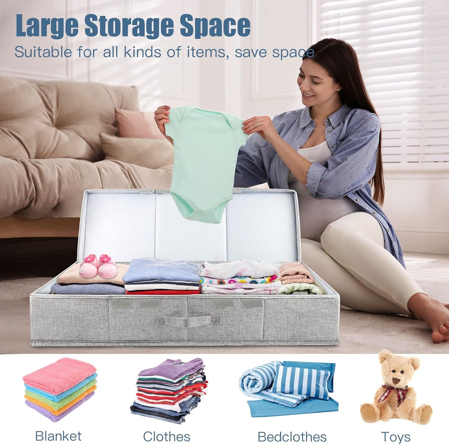 Underbed Storage Containers Bin with Lids, Large Under Bed Storage Organizer Box with Handle, Foldable Under the Storage Bags for Organizing Clothes, Shoes, Blankets, Pillows