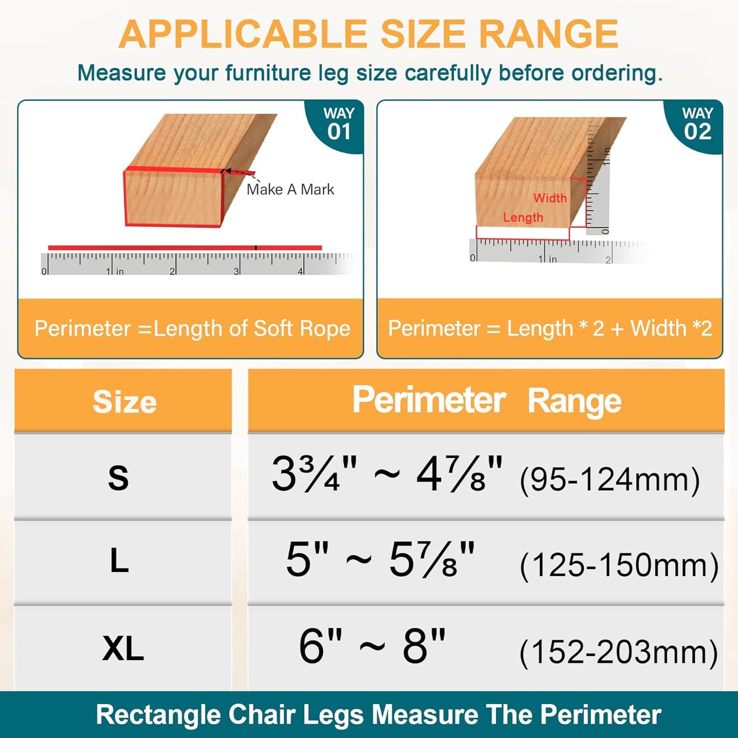 32 Pcs Rectangle Chair Leg Protectors for Hardwood Floors - Silicone Felt Furniture Pads, Scratch/Noise Reducing Covers, X-Large(Fit Perimeter 6" to 8")