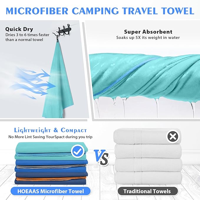 HOEAAS 2 Pack Microfiber Camping Towels, Quick Dry Towel, Super Absorbent Ultra Compact Travel Towel Soft Lightweight Sports Towel for Sweat Fast Drying Towels for Pool,Gym,Hiking,Backpacking,Fitness