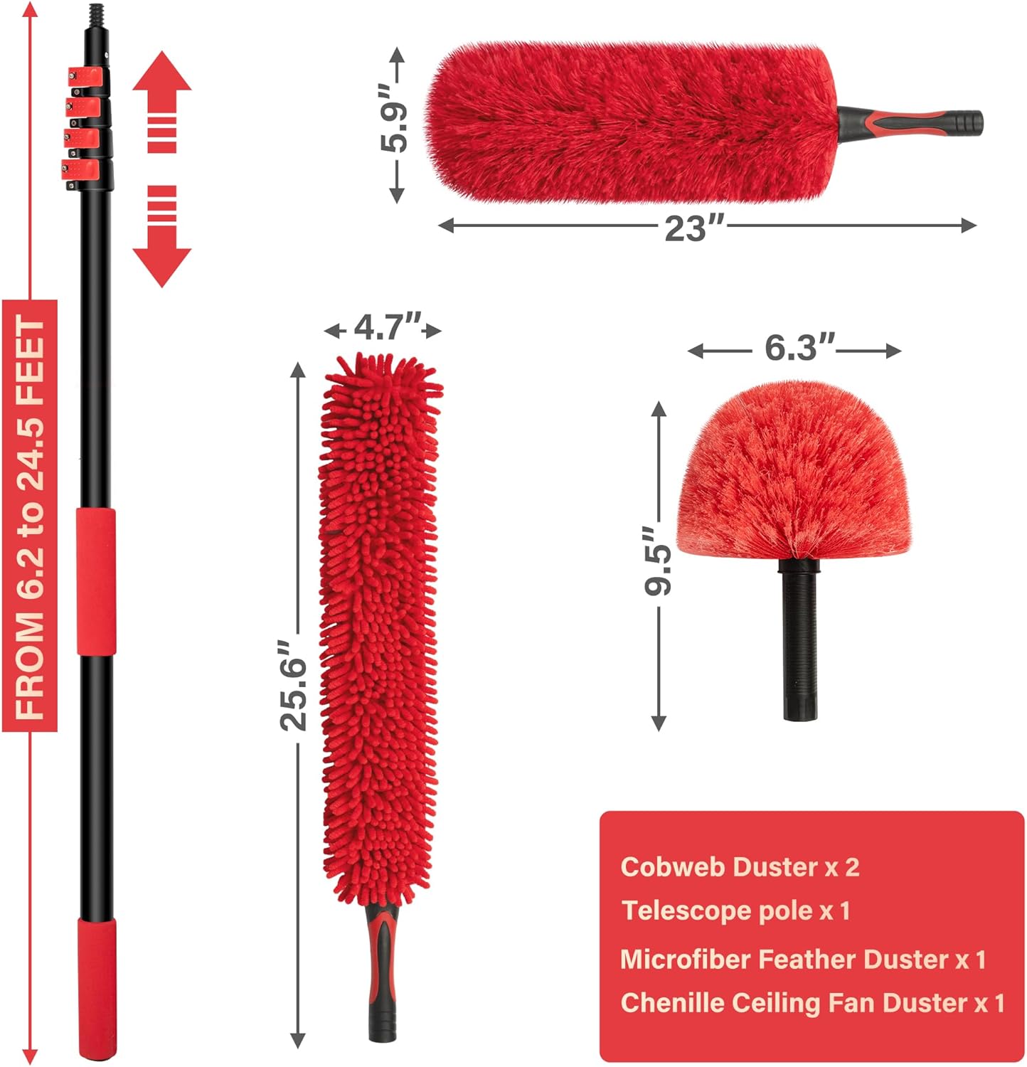 7-24 FT Extension Pole with 2 Outdoor Cobweb Brushes, 30 FT High Reach Ceiling Fan Cleaner Duster for Home, 24 FT Extendable Pole with 4 Pcs Dusting Tools, Cubweb Dusters, Feather Dusters, Fan Duster