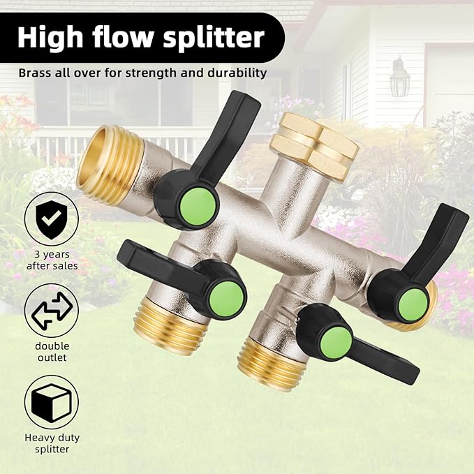 EJW 4 Way Garden Hose Splitter, Heavy Duty Garden Hose Splitter, High Flow Garden Hose Splitters, Fitting 3/4” Brass Outdoor Hose Splitter, Garden Hose Adapter Connector,Water Hose Splitter.