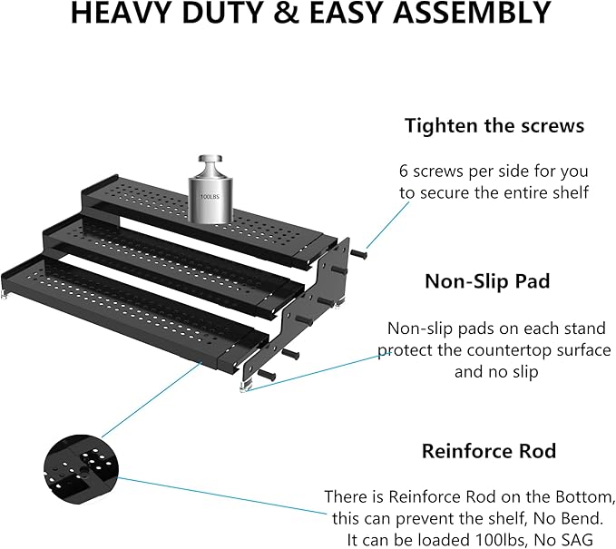 Expandable Spice Rack organizer with 3-Tier step shelf,Modern Design heavy duty,Non Skid and Visibility,Great for Kitchen Cabinet, Pantry and more(1PACK/BLACK)