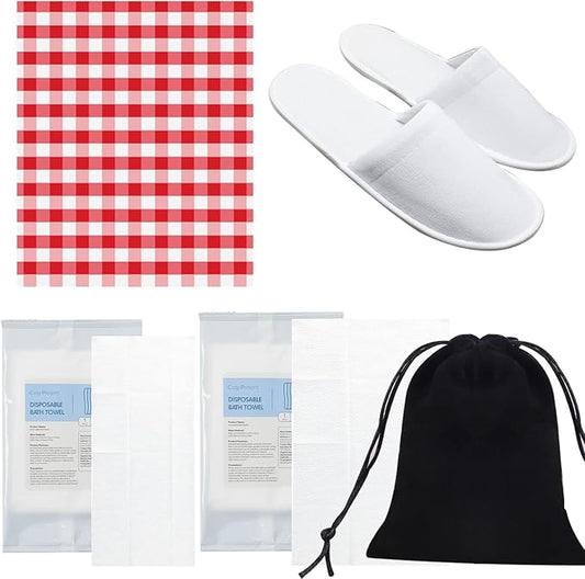 Disposable kits 5p,Beach Vacation Essentials,Car Camping Essentials,Camping Shower,Disaster Emergency Supplies,Include Beach Towel, Slippers, Disposables Bath Towels, mats, Storage Bags,for men/women
