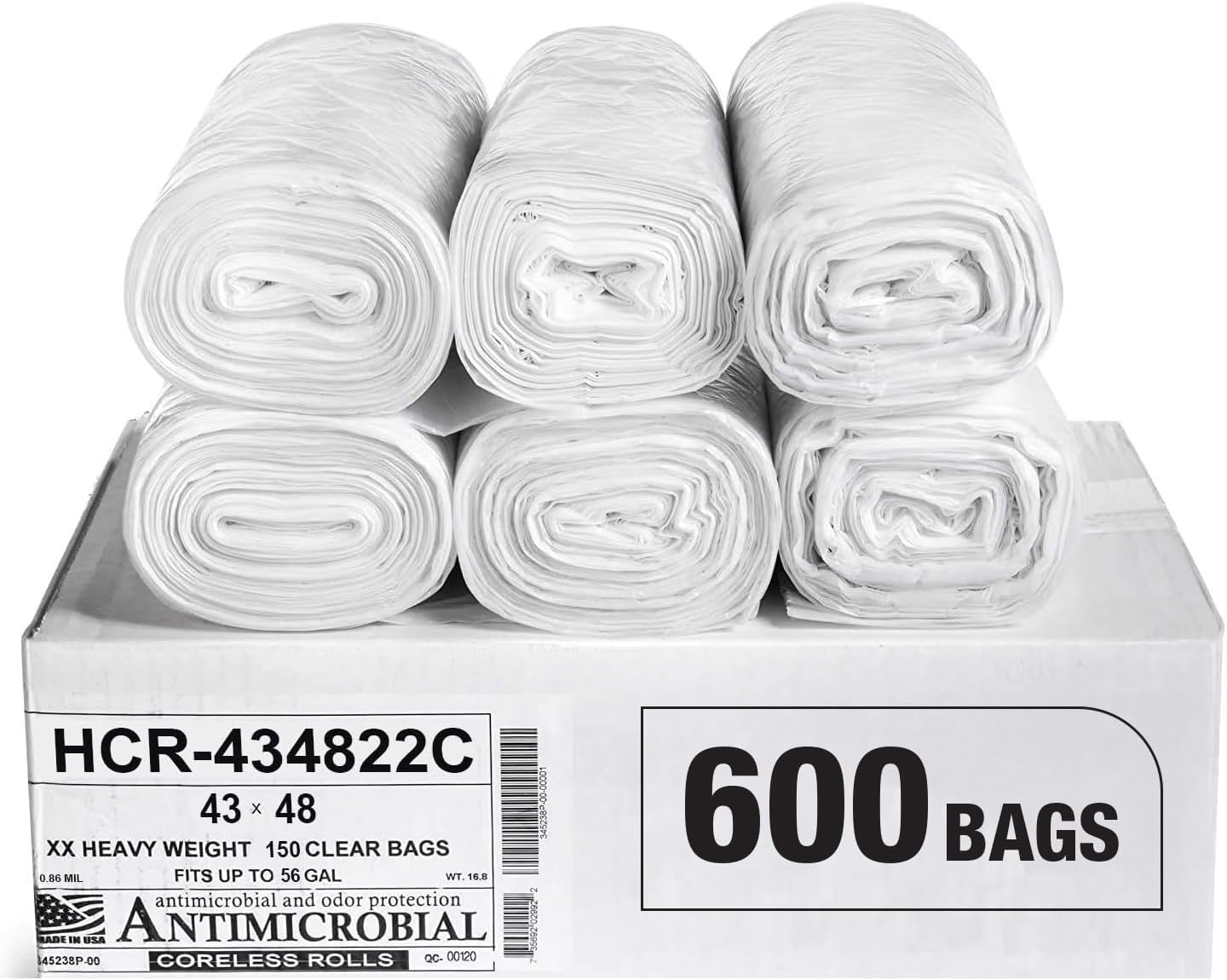 Aluf Plastics High Density Trash Bags, 56 Gallon, 600 Count, 22 Micron (eq), 43" x 48", Clear, for Bathroom, Office, Industrial, Commercial, Janitorial, Municipal, Recycling