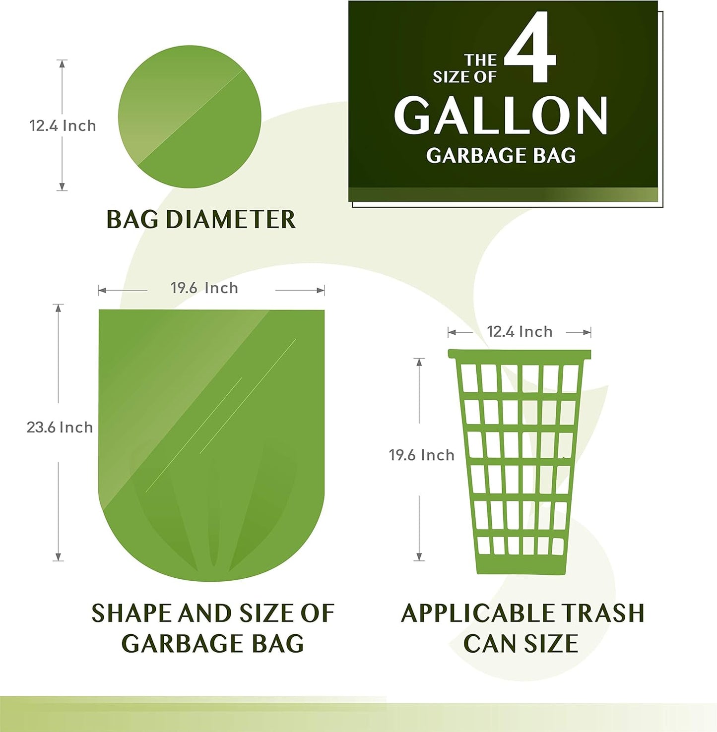 FORID 4 Gallon Garbage Bags, 150 Count, Unscented, Strong Trash Can Liners, 15 Liter Wastebasket Bags for Kitchen, Bathroom, Home Office, Green