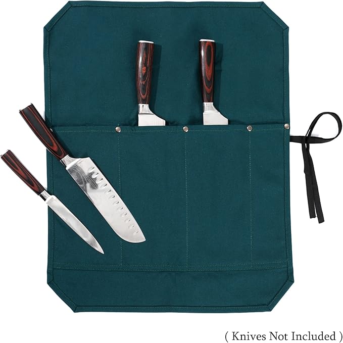 Chef Knife Storage Roll, Heavy Duty 16oz Waxed Canvas Knife Holder, Knife Roll with Cut Resistant Fabric, 4 Slots Knife Bag with Tie Rope - Dark Green