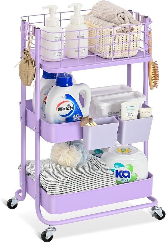 KINGRACK 3 Tier Rolling Cart, Metal Mobile Storage Shelf with Lockable Wheels, Prevent Falling Utility Trolley Cart, Storage Organizer for Kitchen, Office, Bathroom, Dorm, Purple