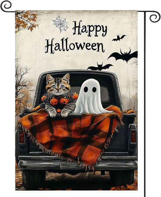 Happy Halloween Garden Flag 12X18 Inch Double Side,Ghost Yard Flag,Cat Small Garden Flag,Yard Outdoor Flag for Holiday Outside Patio Lawn Decoration
