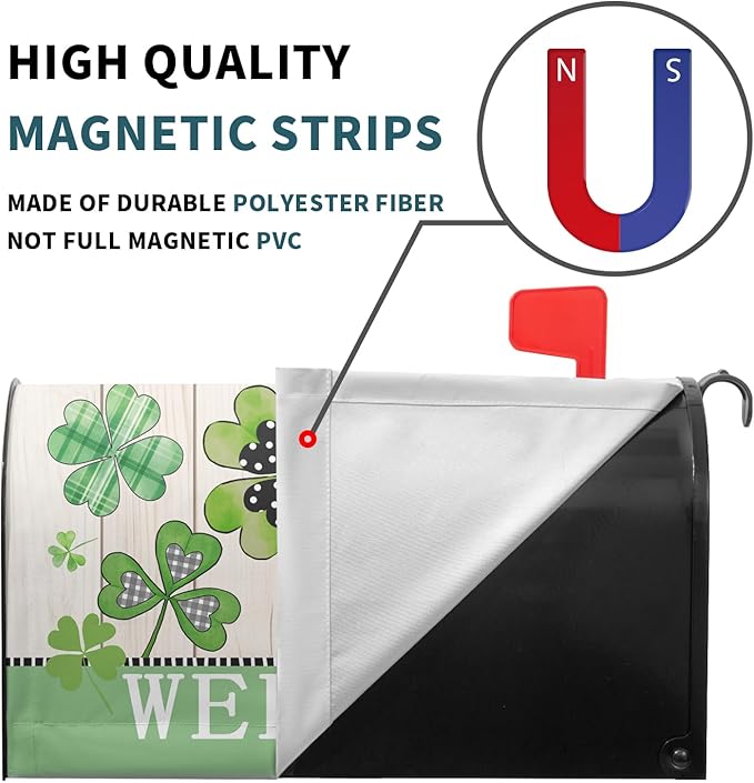 Welcome St Patrick's Day Holiday Magnetic Mailbox Covers Standard Size 21x18in Lucky Shamrocks Clover Mail Box Wraps Green Leaves Wooden Decorative Letter Post Box Cover for Home Garden Outside