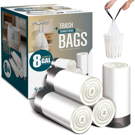 FORID Medium Drawstring Trash Bags - Plastic Garbage Bags 8 Gallon (30 Liter) White Disposable Can Liners for Kitchen Bedroom Bathroom Home Office (120 Counts) - Durable & Thick Trash Bags