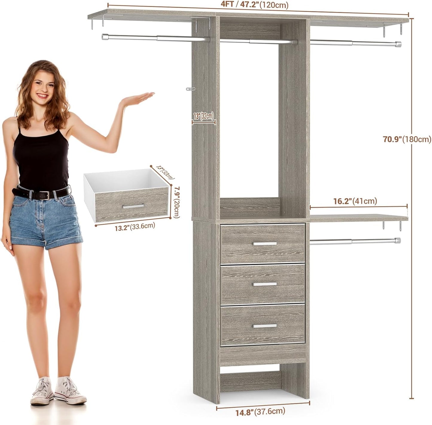4FT Small Closet System with 3 Fabric Drawers, 48'' Closet Organizer System With 3 Adjustable Shelves, Flexible Built-In Clothes Garment Rack for Small Space, 48"L x 13"W x 71"H, White Oak