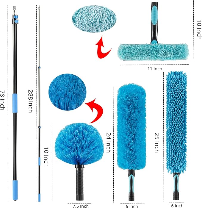 30 Foot High Ceiling Fan Duster with 6-24 Foot Extension Pole, Extendable Reusable Cobweb, Feather, Window Cleaning Squeegee Kit