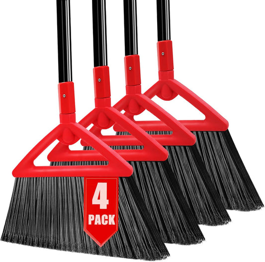 Heavy Duty Broom of Outdoor and Indoor, 4 Packs Upgraded Commercial Angle Brooms, Perfect Red Broom of House,Kitchen, Garage, Courtyard, Concrete
