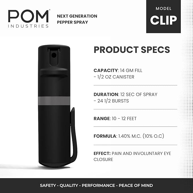 POM Pepper Spray Pocket Clip, Quick Flip Top Safety, Maximum Strength OC Formula with UV Marking Dye, Safe Compact and Tactical Design for Everyday Carry, 25 Bursts, 10 ft Range, 0.5 fl oz