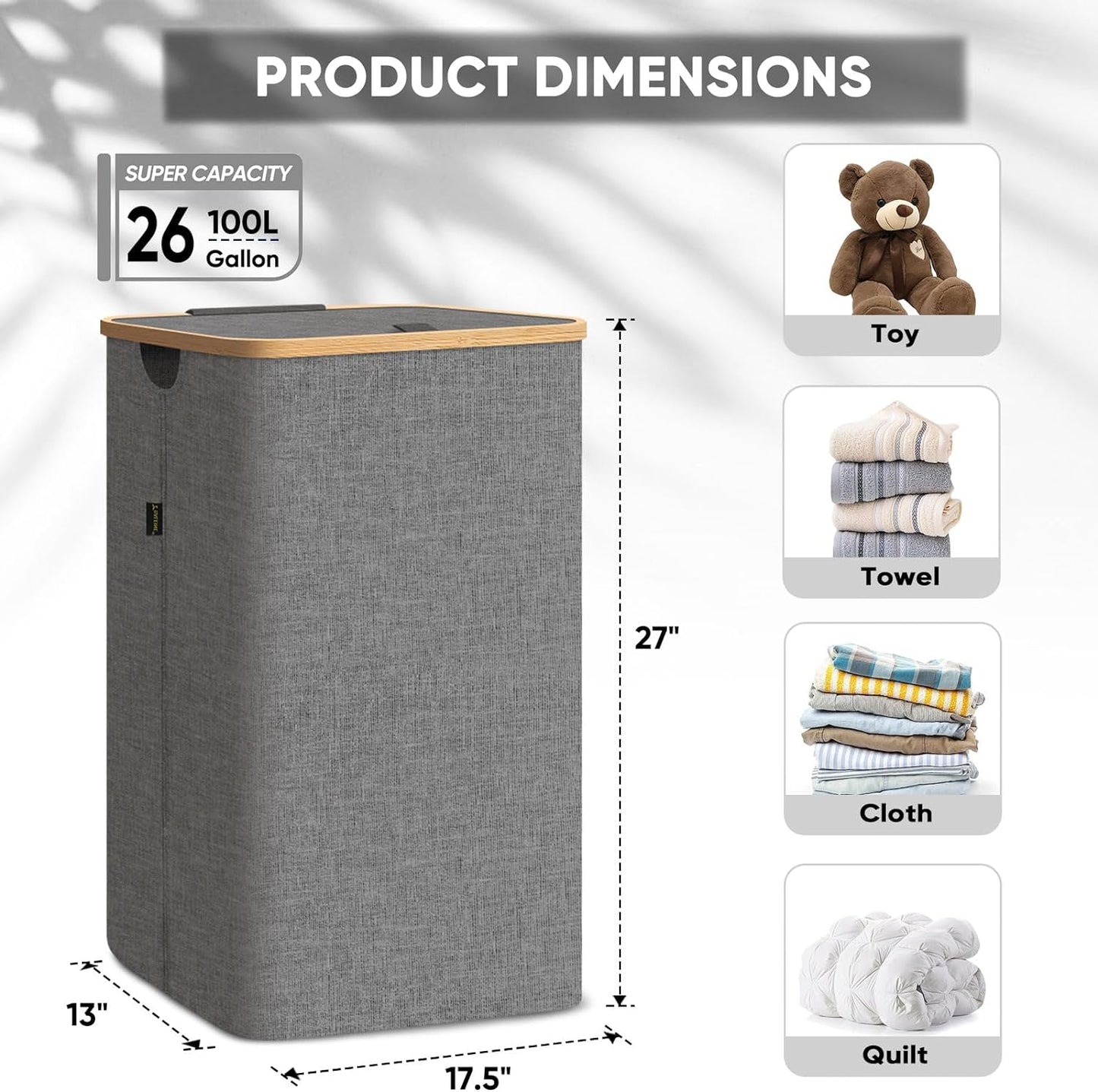 BALEINE Laundry Hamper with Lid, Tall Laundry Baskets with Bamboo Pull Handles, Large Laundry Bin with Internal Support (26 Gal/100L, Grey)