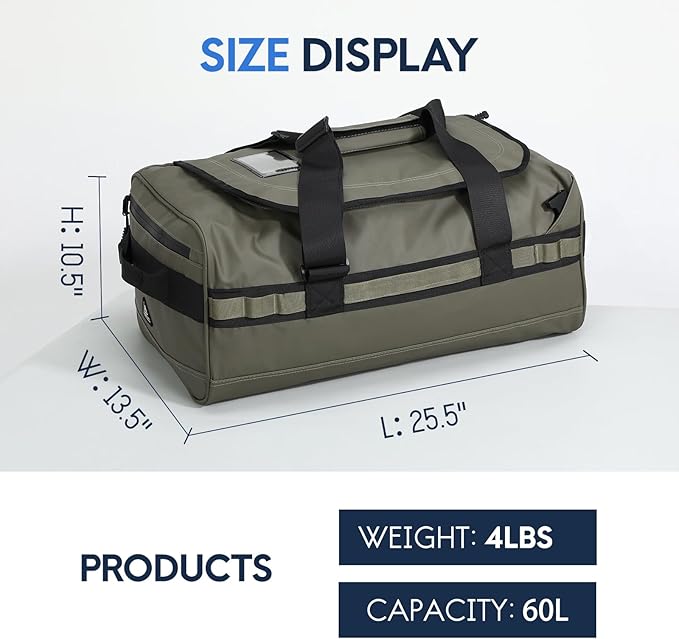 Haimont Water Resistant Backpack Duffle Heavy Duty Convertible Duffle Bag with Backpack Straps for Gym, Sports, Travel, Army Green, 60L