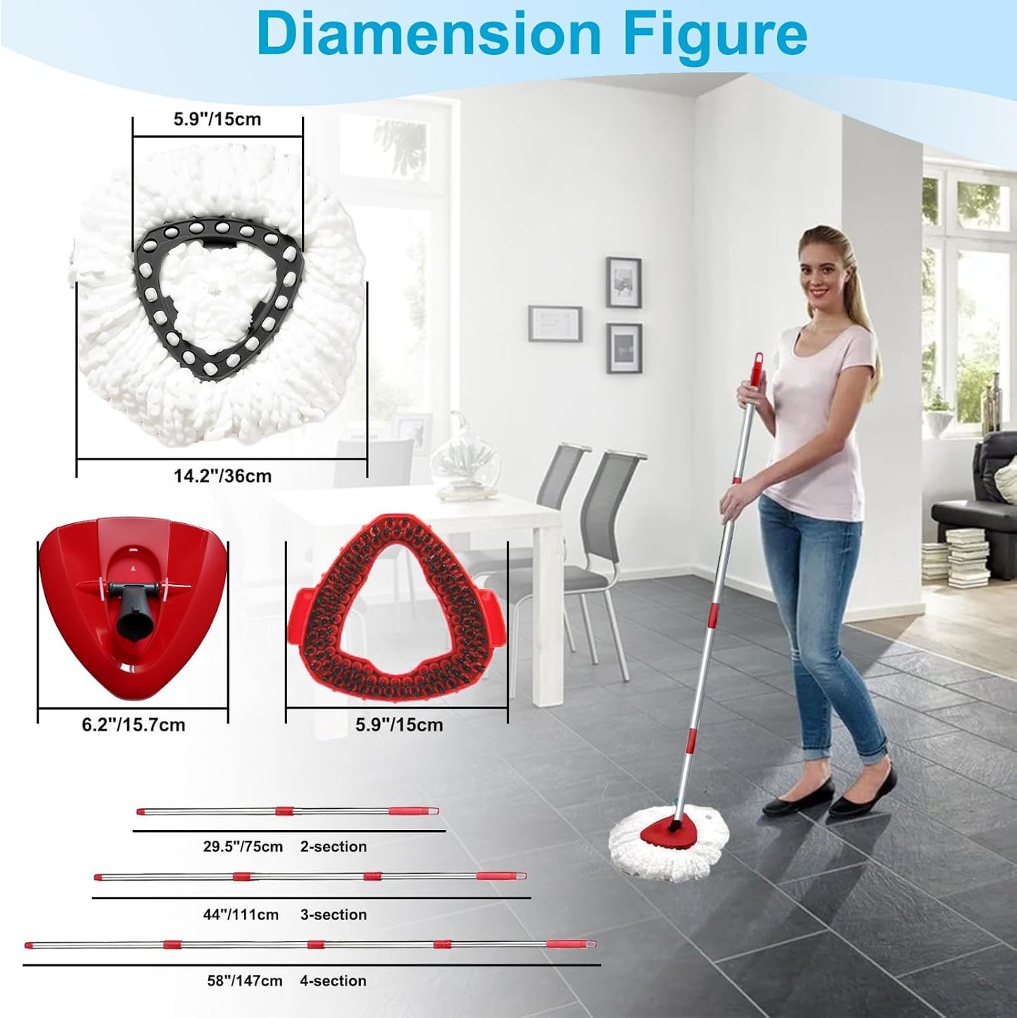 Spin Mop Head and Brush Replacement Compatible for O Cedar EasyWring 1-Tank System, 4 Microfiber Mop Refills, 1 Scrub Brush,1 Base and 30-58in Mop Stick Easy-to-Replace (White 1 Tank System)