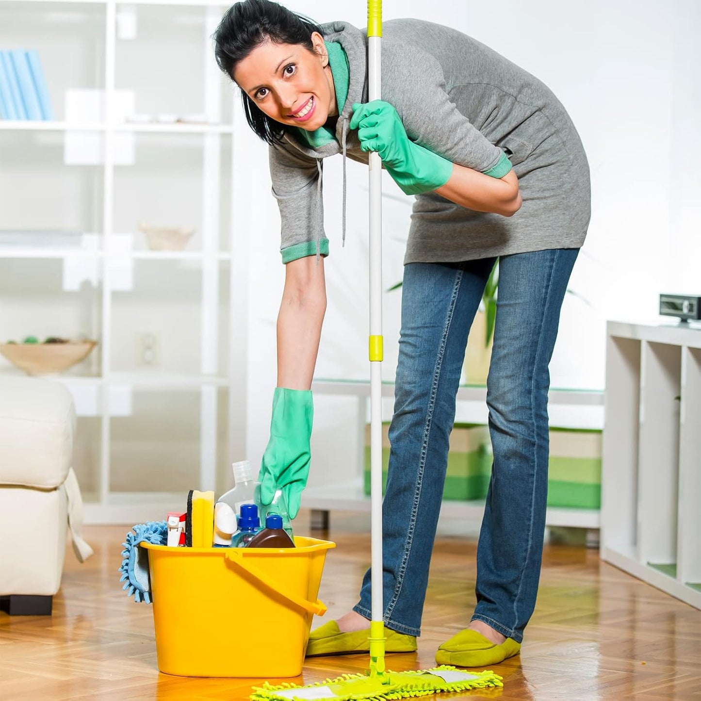 Bamllum 2 Pairs Reusable Kitchen Gloves for Washing Dishes - Nitrile Rubber Dishwashing Gloves, Reusable Household Cleaning Gloves, Flexible Durable & Non-Slip (Large, Green+Blue)