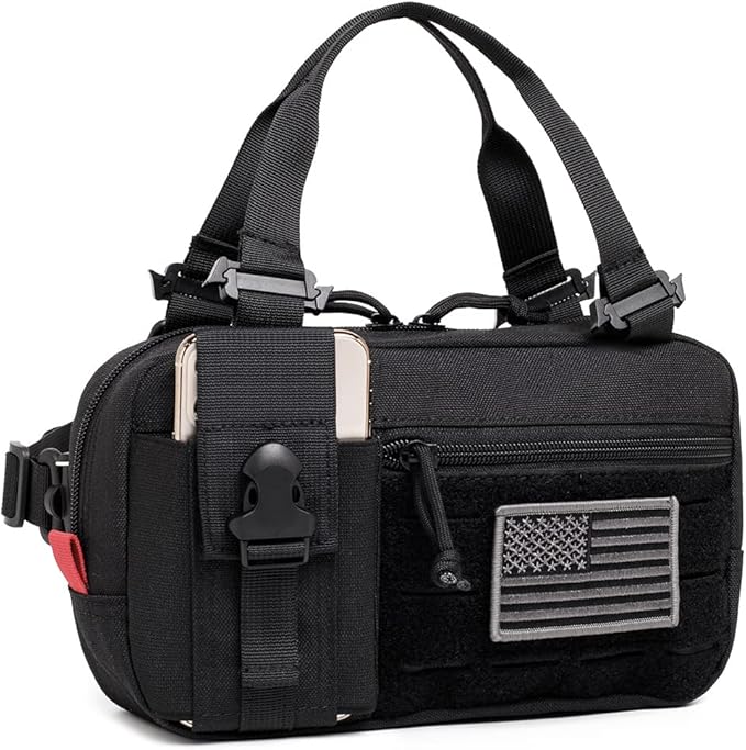 Tactical Molle Admin Pouch of Laser Cut Design,Medical EMT Organizer with Phone Pouch,EDC EMT Pack IFAK Tool Holder with US Patch (Small Black-Include Accessories)