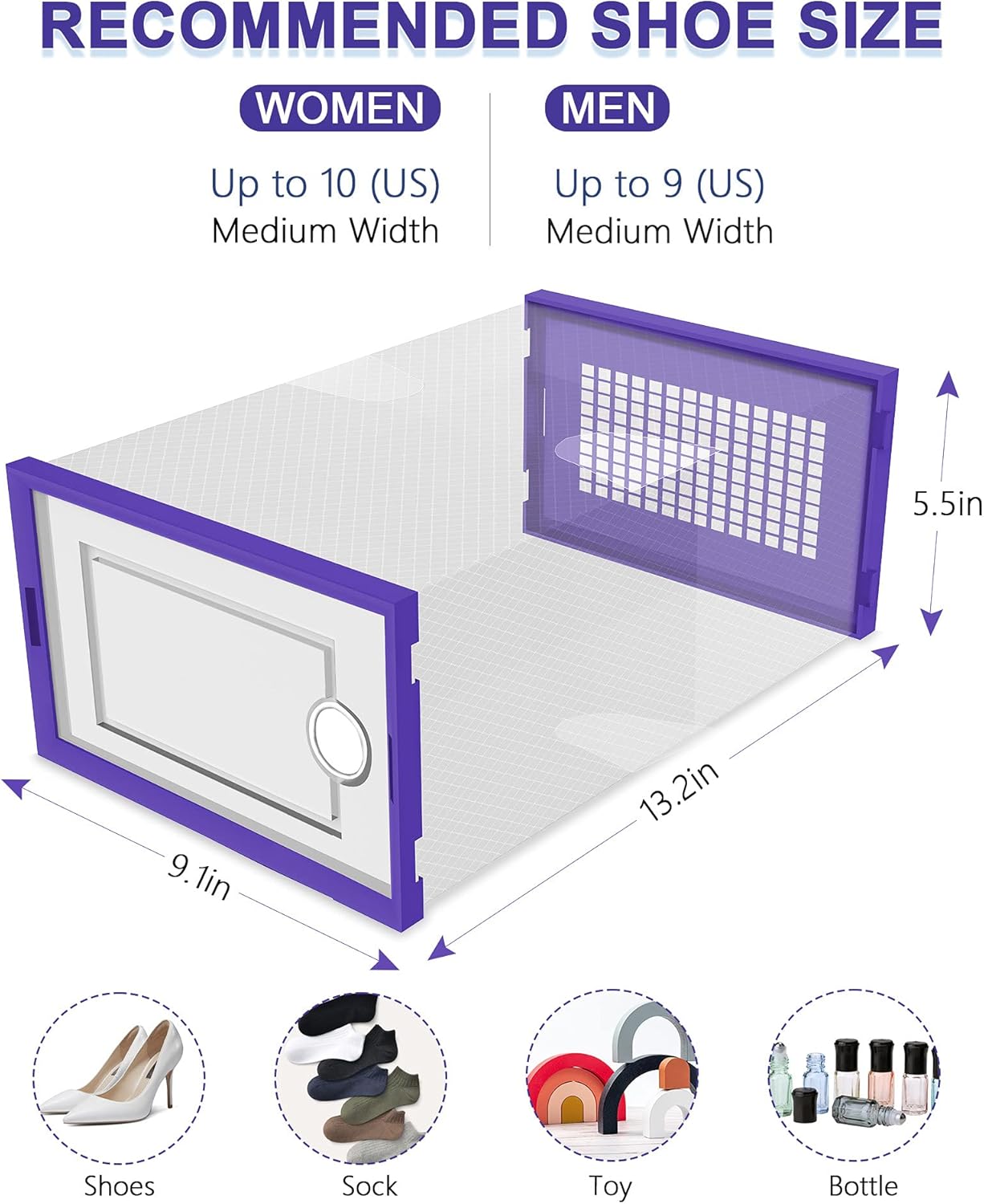 Kuject Shoe Organizers Storage Boxes for Closet, 12 Pack Clear Plastic Stackable Storage Bins with Lids, Under Bed Shoe Containers for Entryway, Drop Front, Fit up to Women's Size 10,Purple