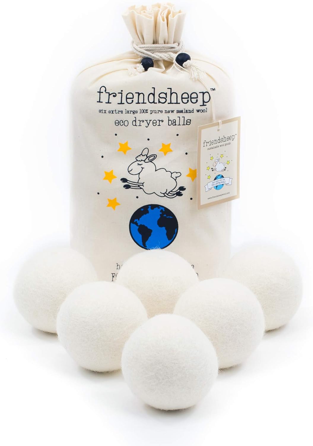 Wool Dryer Balls by Friendsheep 6 Pack XL Organic Premium Reusable Cruelty Free Handmade Fair Trade No Lint Fabric Softener White - "Creamy White"