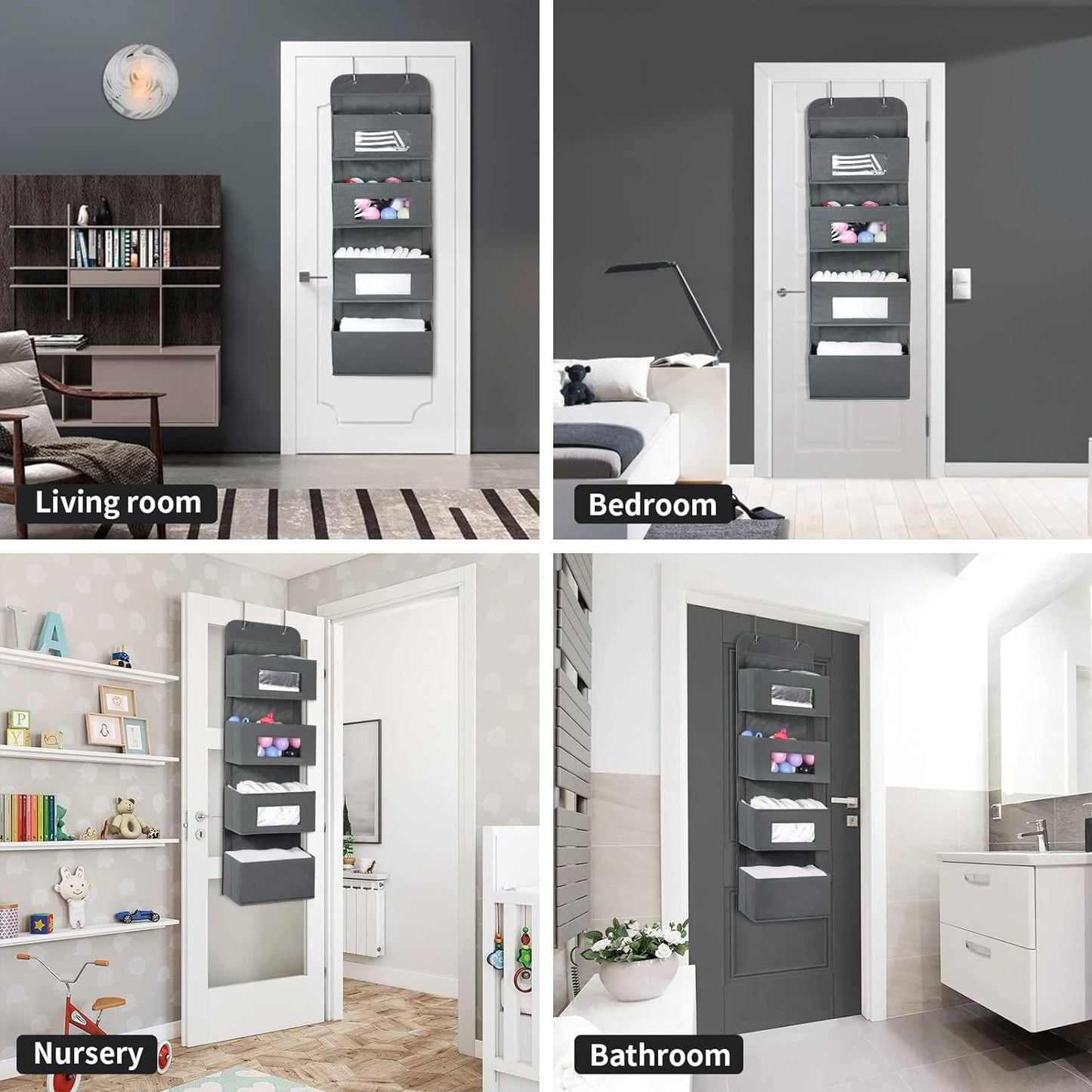 MAX Houser 4-Shelf Over The Door Hanging Organizer with 2 Metal Hooks,4 Pocket Over The Door Wall Mount Storage with Clear Windows for Baby Nursery Bathroom Closet,Bedroom,Dorm,Diapers,Kids Toys(Gray)