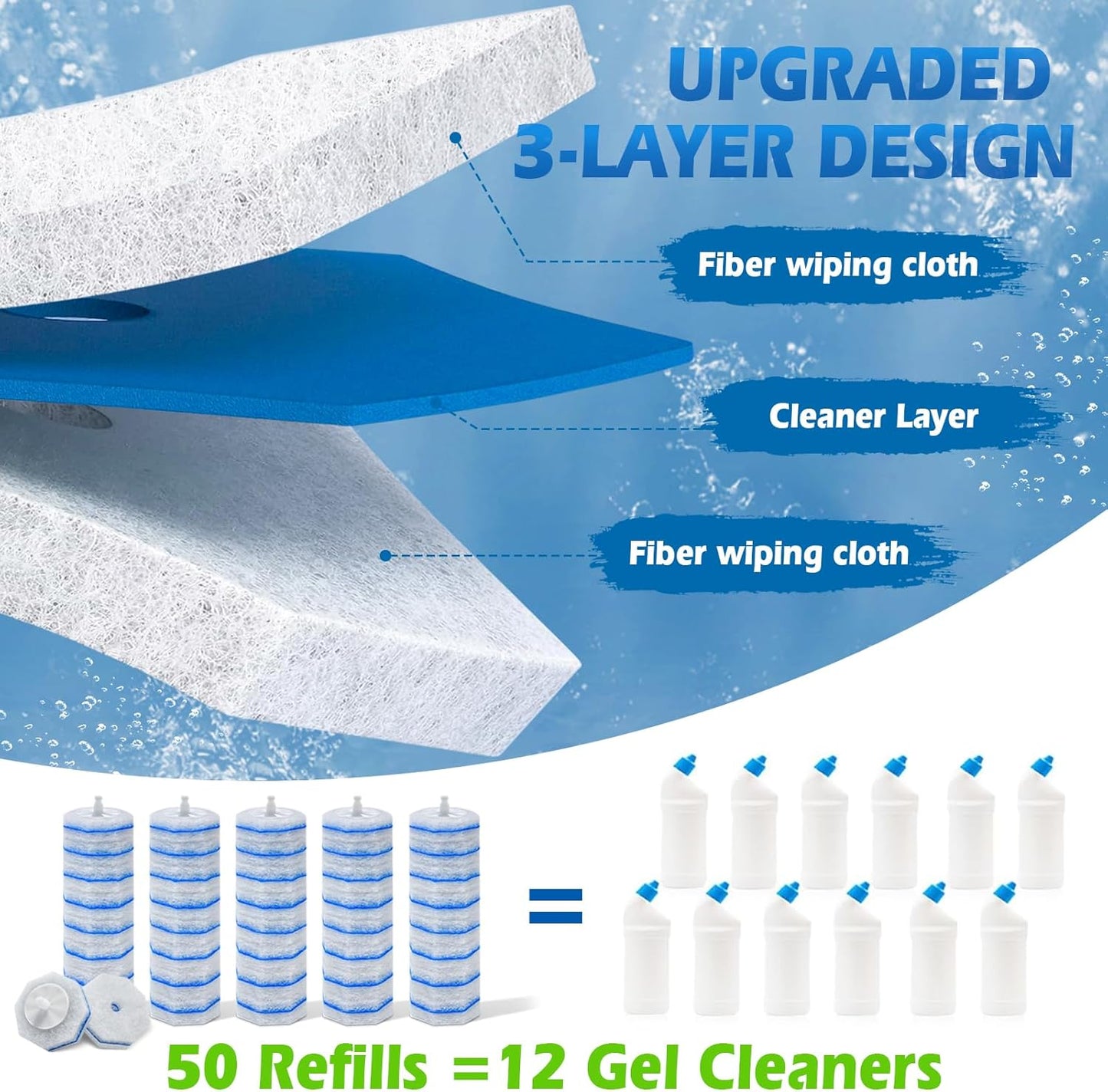 50 Count Upgraded Toilet Wand Refills | 2X Cleaning Power Toilet Bowl Cleaners | Extra Foam Disposable Brush Heads | Compatible with Most Toilet Cleaning Systems