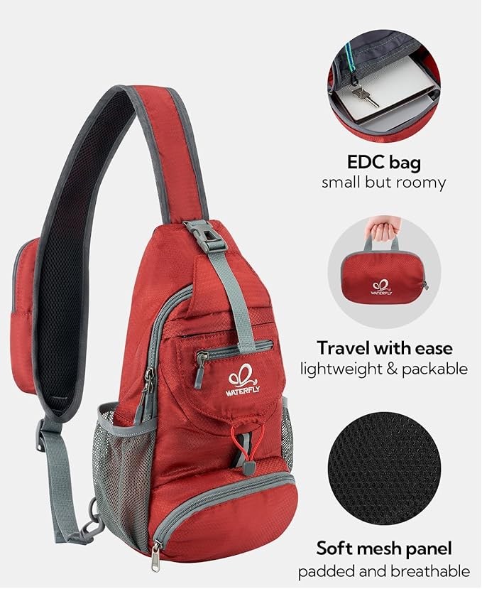WATERFLY Packable Small Crossbody Sling Backpack Shoulder Chest Bag Daypack for Hiking Traveling