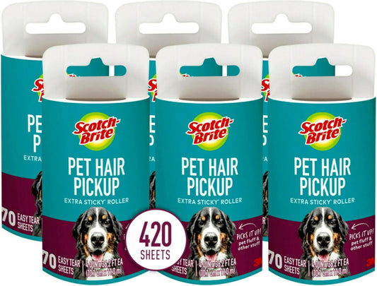 Scotch-Brite Pet Hair Pickup Extra Sticky Lint Roller, Designed for Removing Fur + Fluff on Couches, Clothes, Dog and Cat Beds, & More, 6 Pack, 420 Easy-Tear Adhesive Sheets Total