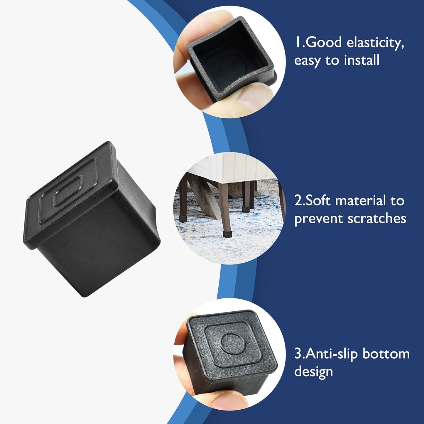 4 Pcs 2-3/8" x 2-3/8" Square Rubber Chair Leg Caps, PVC Table Leg Covers, Flexible & Anti-Slip Furniture Leg End Caps, Chair Leg Floor Protectors for Bar Stool Leg Patio Indoor, Black