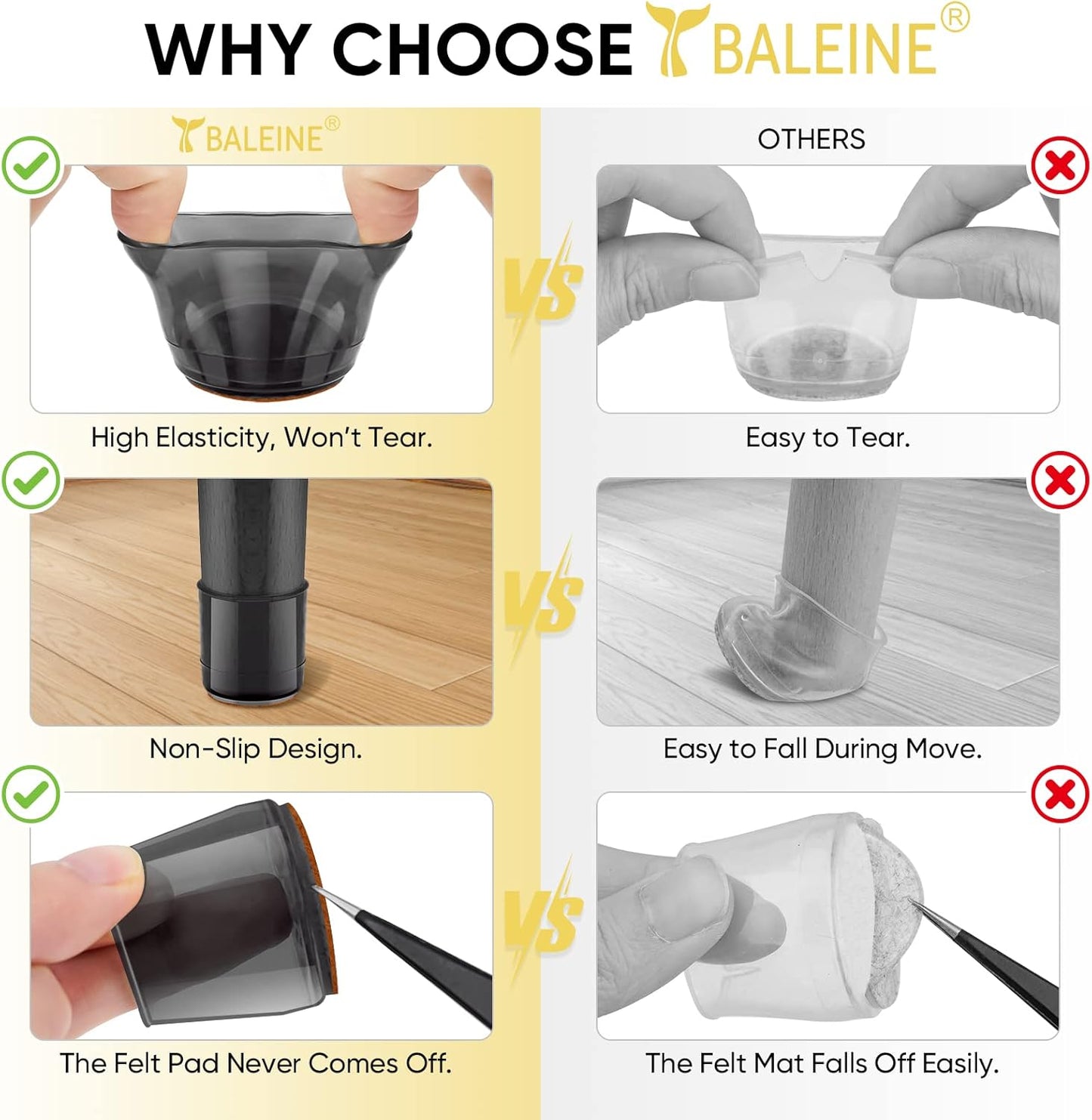 BALEINE 32 Pack Silicone Chair Leg Floor Protectors, Stool Leg Protectors Cap, Non-Slip Chair Leg Caps for Hardwood Floors (Black & Large, 32 Pack)