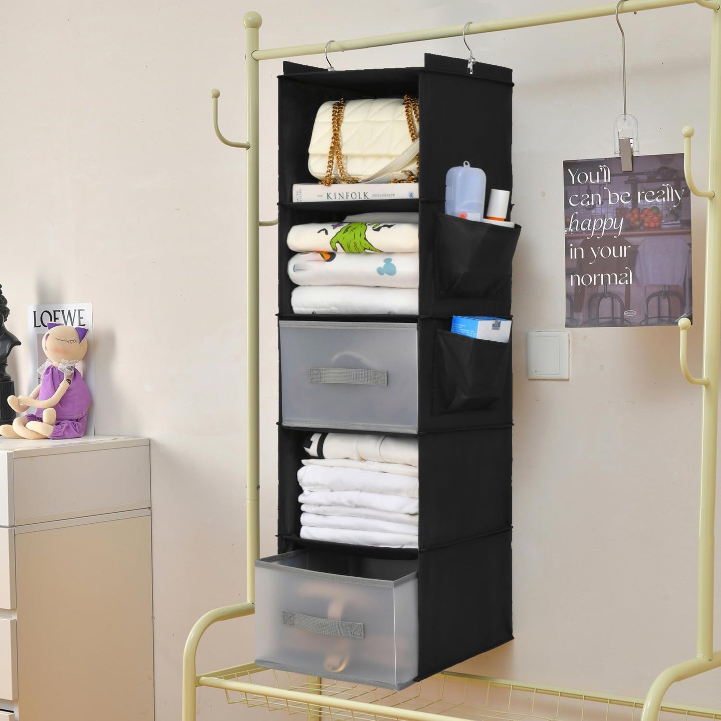 5-Layer Suspended Fabric Shelf Organizer, Equipped with 2 Sturdy Hooks, 2 Separate Drawers, and Foldable Hanging Storage (Black)