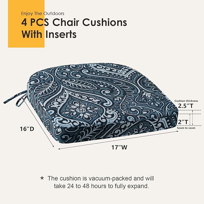 Outdoor Round Corner Seat Cushion, 17"x16"x2", Set of 4, Non Slip Seat Cushion Pads with Removable Cover for Patio Furniture, Garden Yard Lawn, Damask Vine