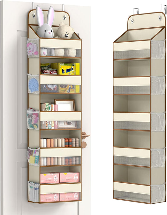 LAMU 5 Tier Over the Door Organizer Hanging, 5 Large Pockets and 10 Side Pockets Behind Door Storage for Baby Toys, 44lbs Back of Door Organizers Shelf for Closet, Nursery and Bathroom, 1 Pack (Beige)