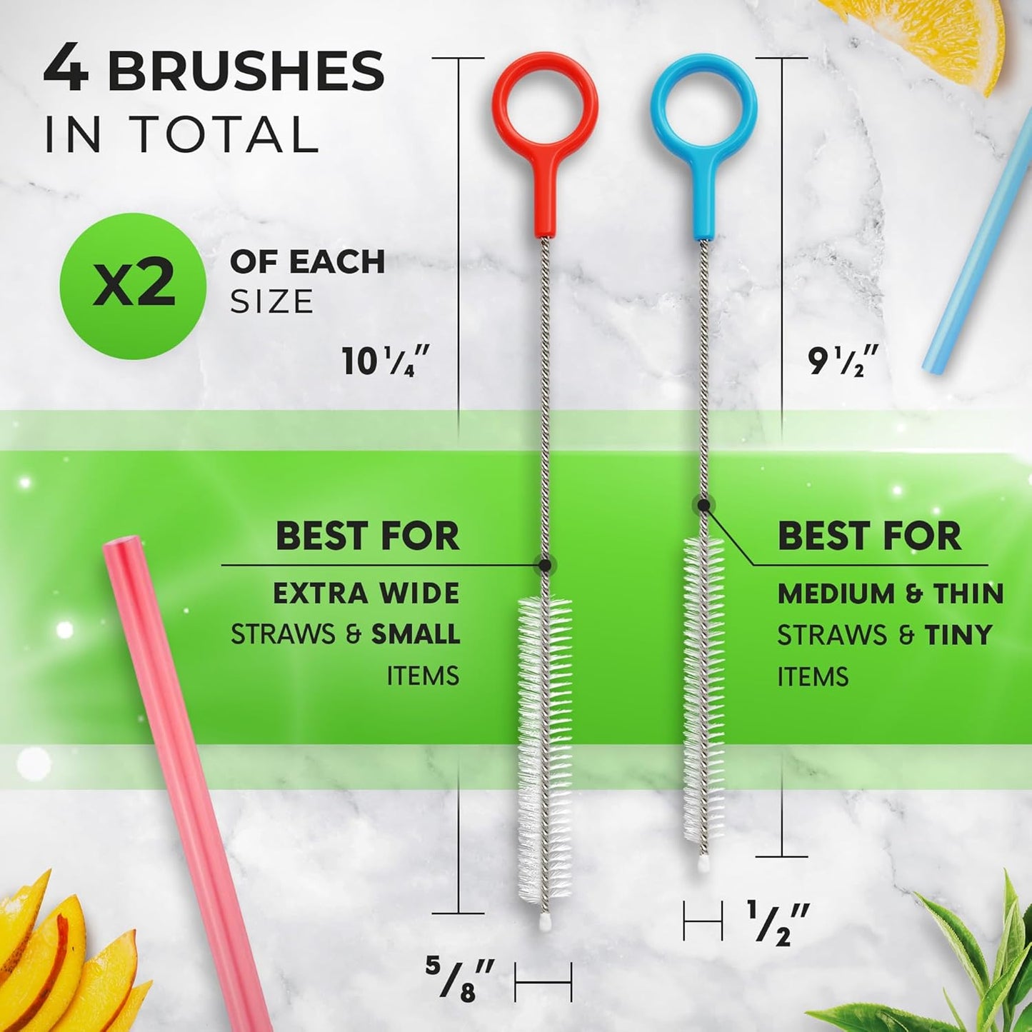 Heavy Duty Cleaning Brushes Set of 4 - Extra Long Straw Cleaners for Metal and Plastic Reusable Drinking Straws, to Clean Small Spaces, Sippy Cups, Water Bottles - Sturdy Hard Brush Bristles