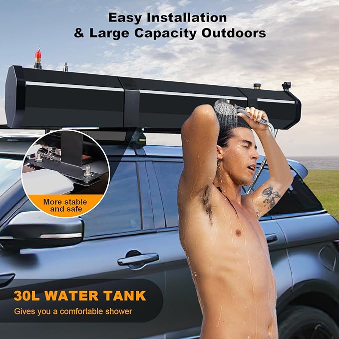 Pressurized Water Tank,Roof Rack Shower Solar Car Shower, 7.9 Gal/30L Roof Rack Water Tank Off-Road Vehicles,Pick-Up Trucks,SUV,Mounts to Roof Racks